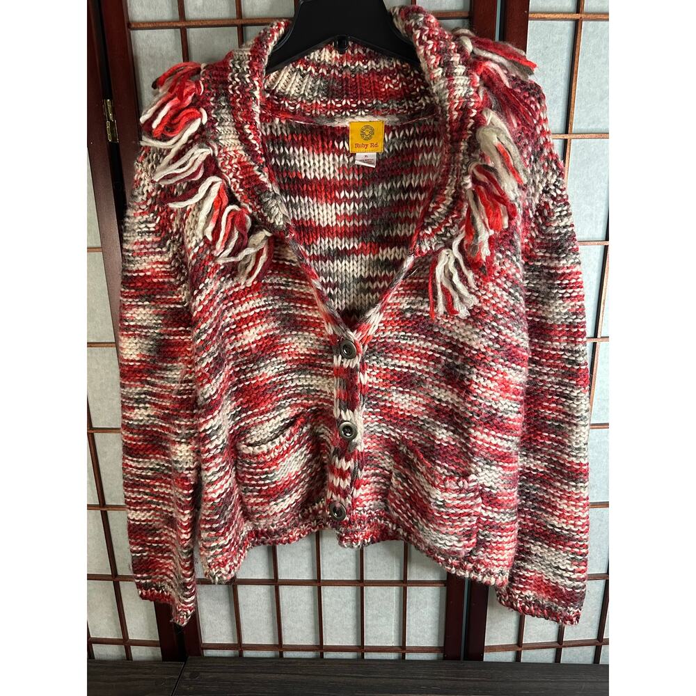 Vintage Ruby Rd. chunky knit cardigan sweater with fringe detail